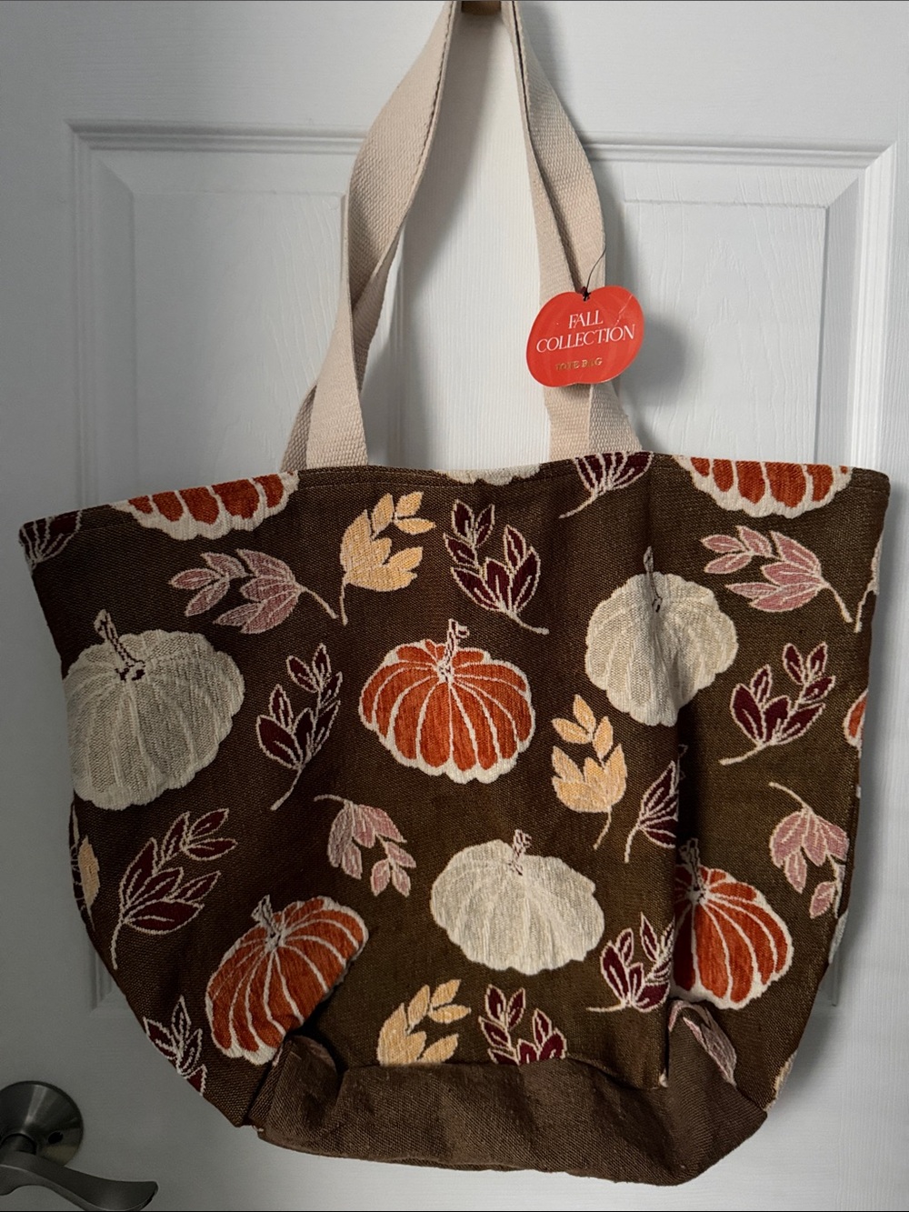 NWT Fall-Inspired Brown Pumpkin Tote with Cream Straps